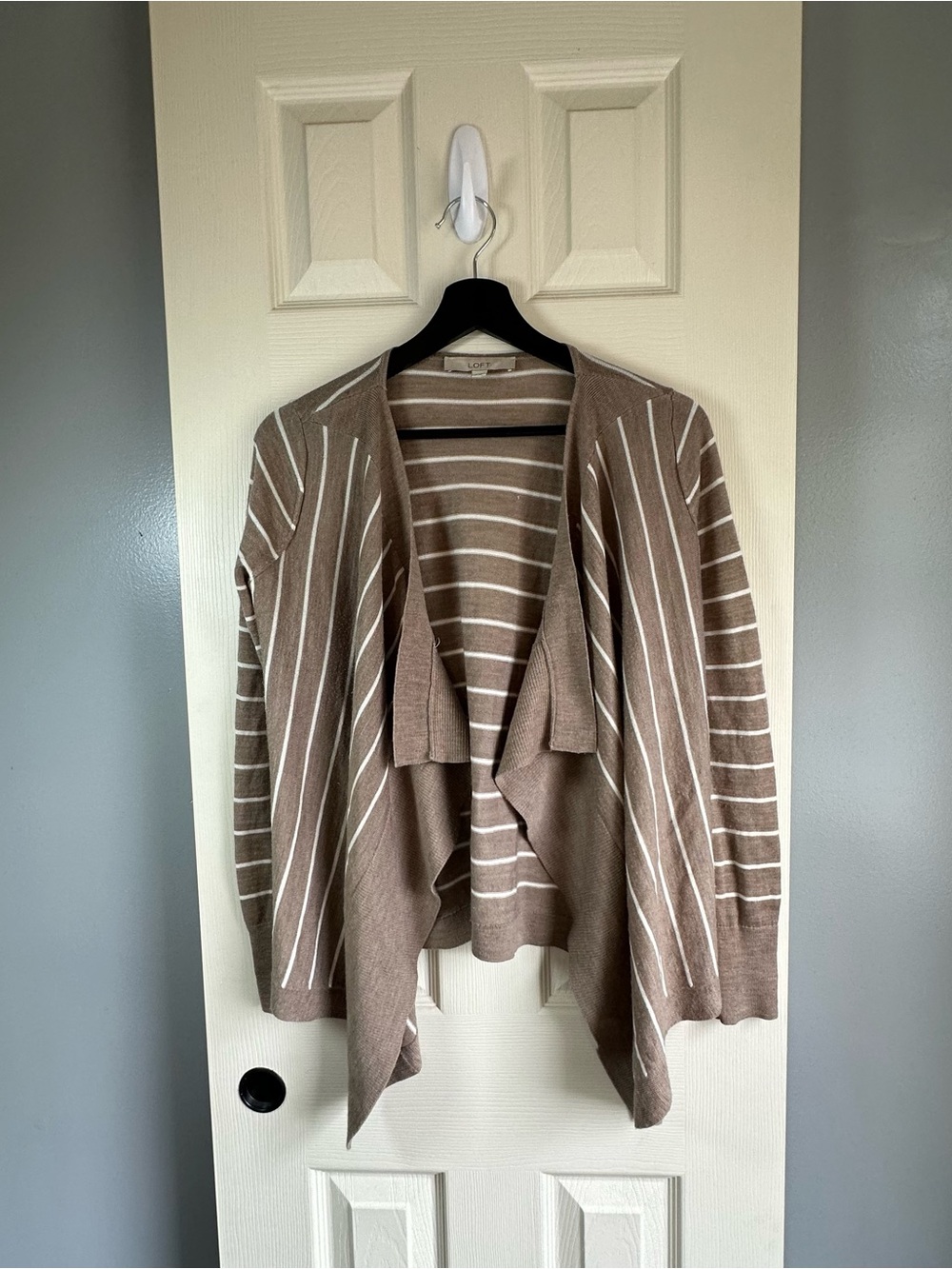 LOFT Brown and White Striped Open-Front Cardigan